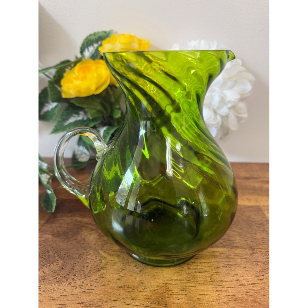 Vintage Green Swirl Glass Pitcher Hand Blown MCM Retro Jug Decorative Barware